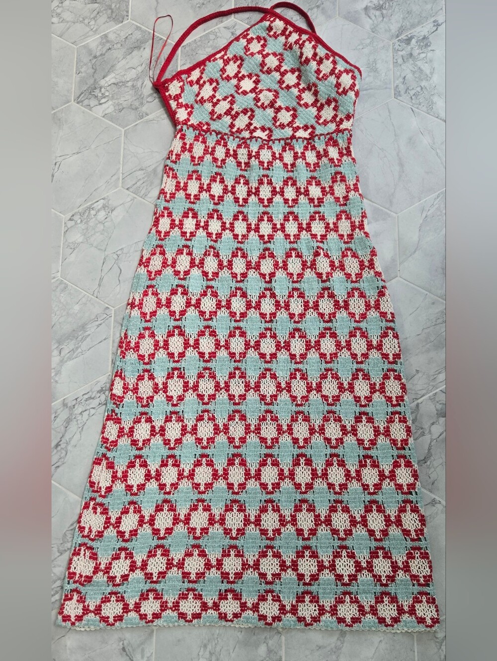 Zara Red, Light Blue and White Crochet Halter Dress